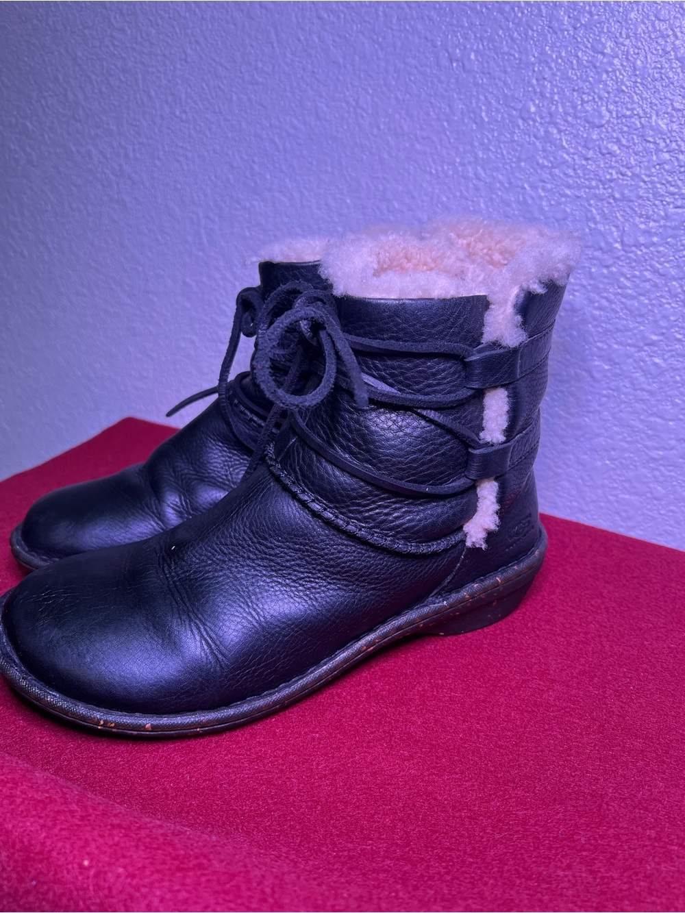 Black Leather UGG Shearling-Lined Ankle Boots - Picture 2 of 8